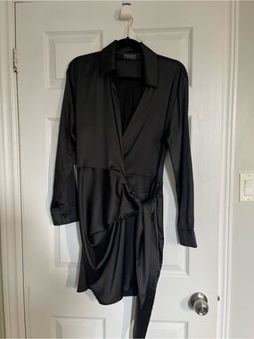 Black Satin Long-Sleeve Wrap Dress from Honey